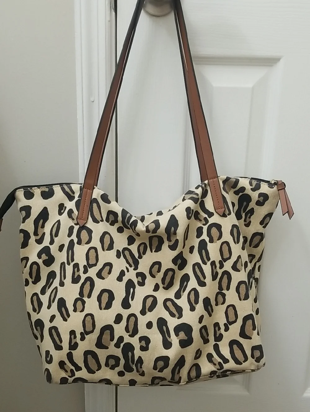 Leopard Print Canvas Tote Bag with Brown Straps